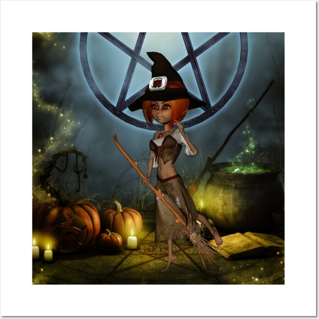 Cute little witch with pumpkin in the night Wall Art by Nicky2342